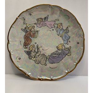 Iridescent White Plate Angels Musical Instruments Gold Trim Artist Signed